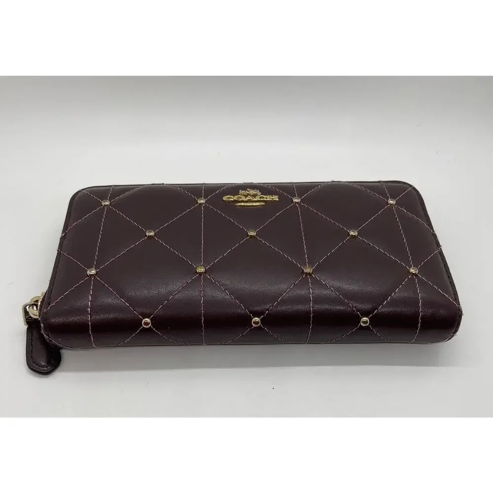 Coach Accordion Zip Wallet Quilted Design Brown Gold Zipper Studs Credit Cards